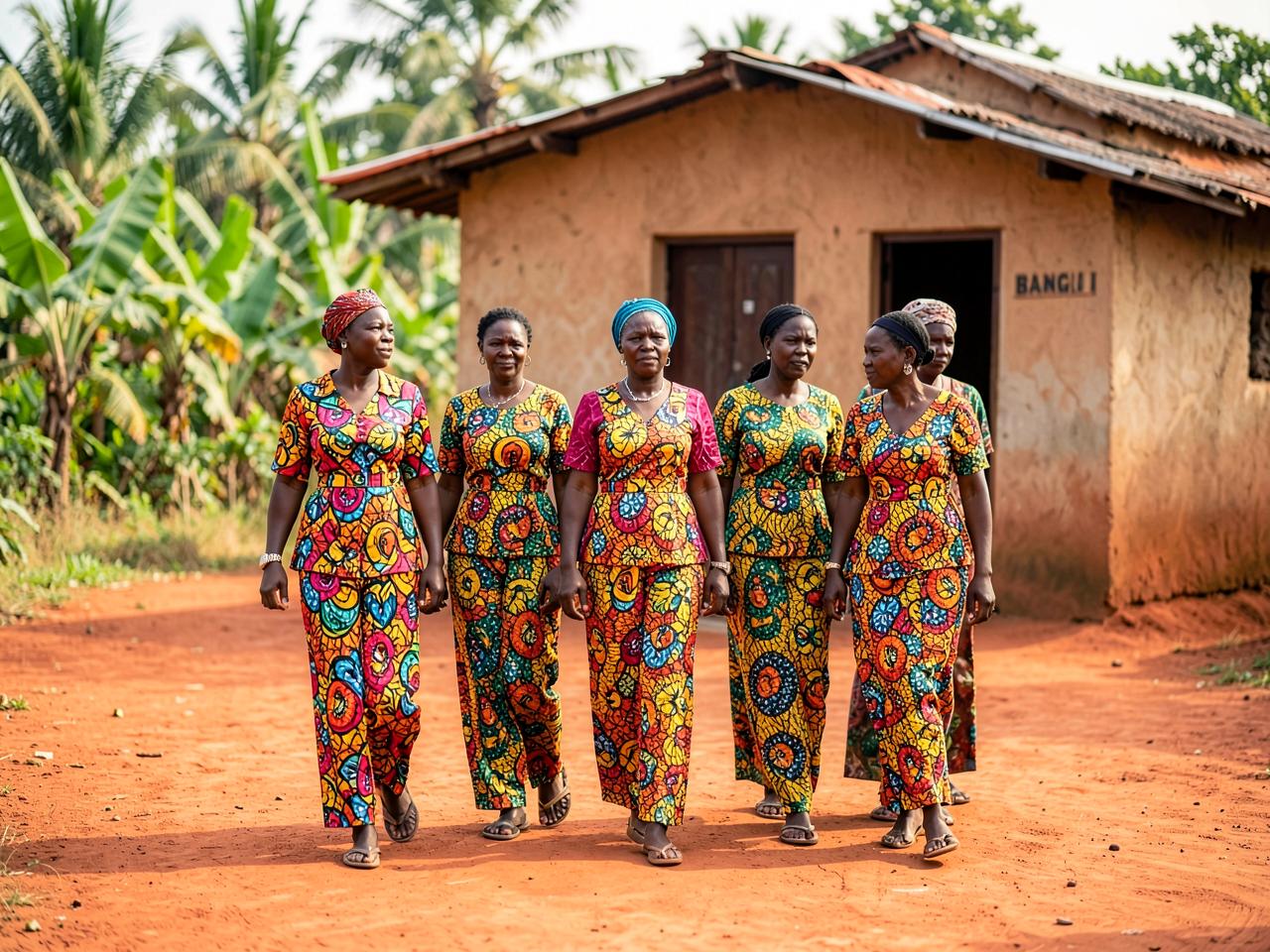 Des femmes centrafricaines marchant ensemble devant un centre de santé communautaire, à Bangui