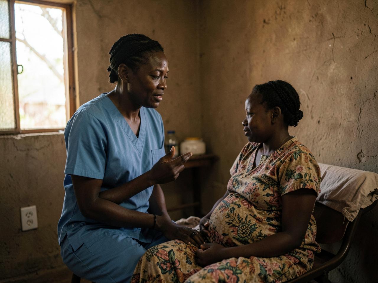 Une sage-femme centrafricaine s'entretient avec une femme enceinte dans une maternité de Bangui